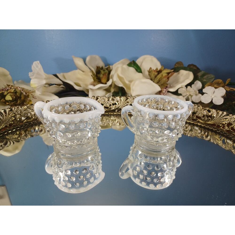 Vintage Opalescent Hobnail Moonstone Mini Creamer & Sugar Bowl Set Clear